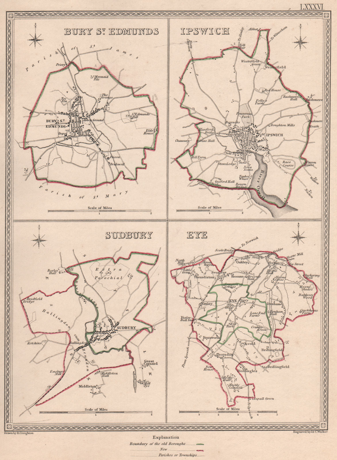 SUFFOLK TOWNS. Bury St Edmunds Ipswich Sudbury Eye. CREIGHTON/WALKER 1835 map